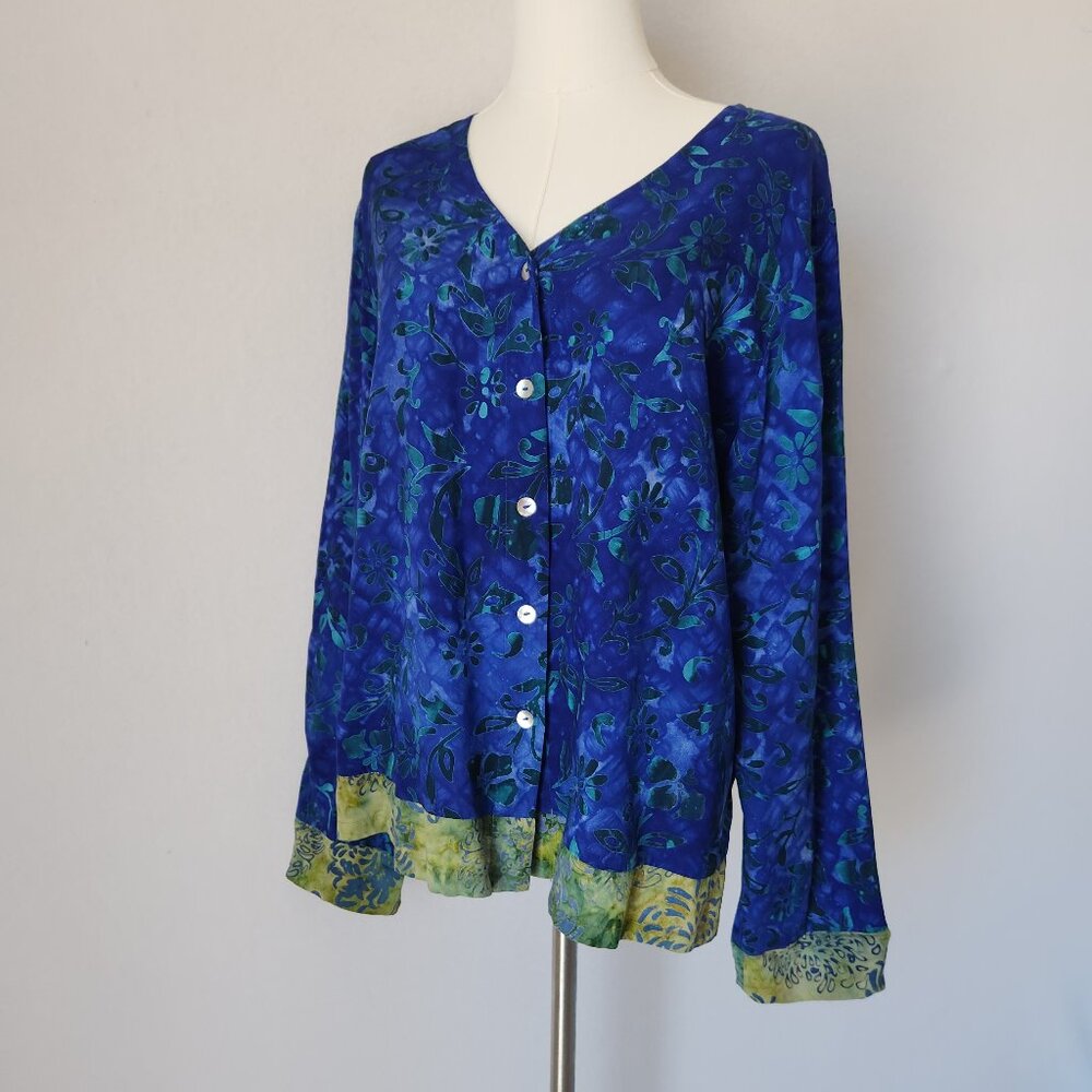 Frivolous by La Blend Handmade Batik Beach Resort Top Button-Up Blue Green